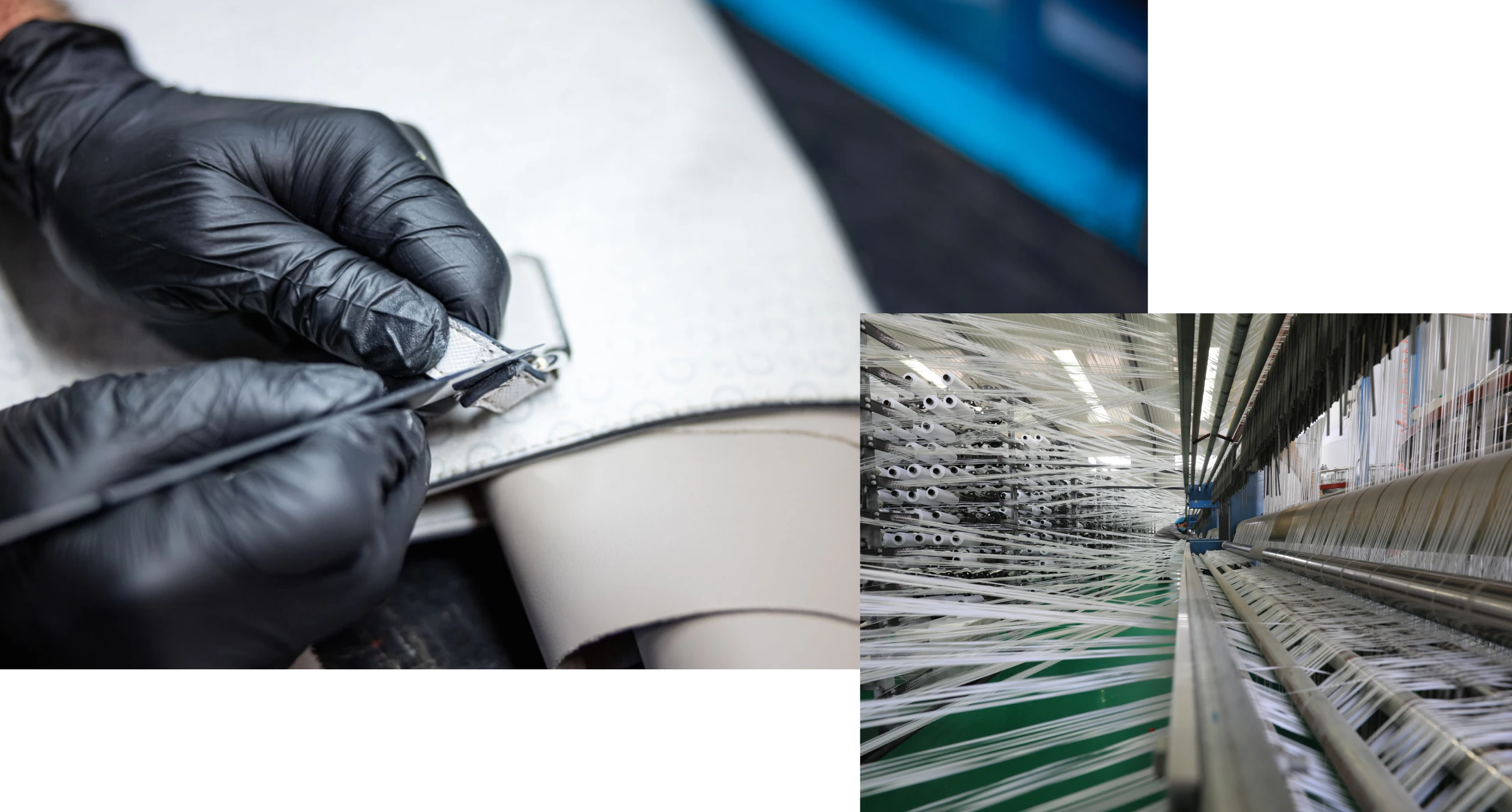 Gloved hands cutting fabric precisely