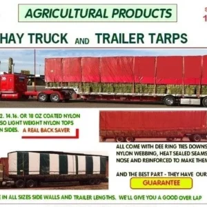 Agricultural tarps for hay trucks and trailers in red and green colors.