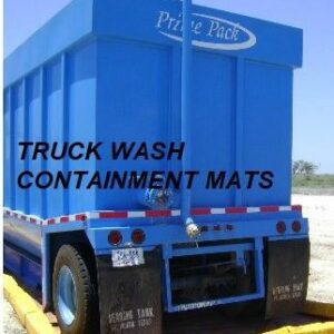 Blue truck wash with containment mats at the back of a trailer.