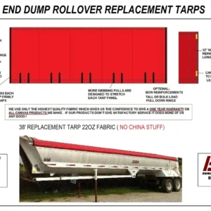 Red replacement tarp for 28' end dump rollover trucks shown installed.
